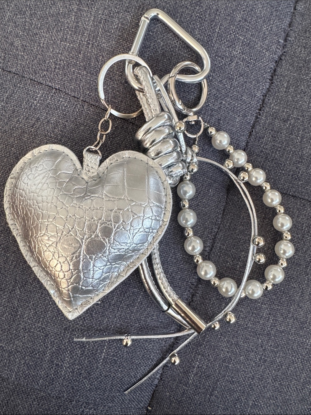 Silver Heart Keychain Purse Charm with Pearl Beaded Bracelet